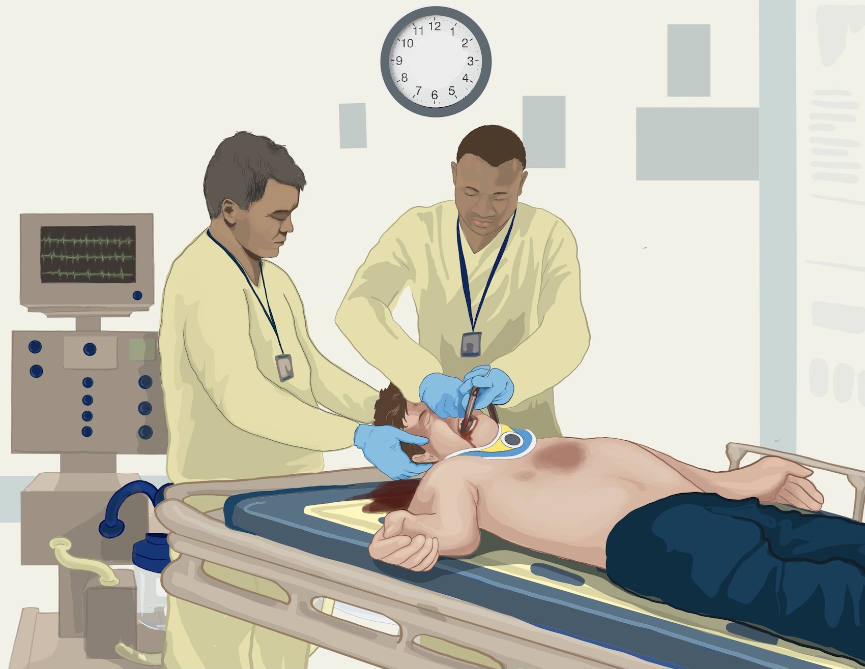 Two doctors putting an oral bag on a patient